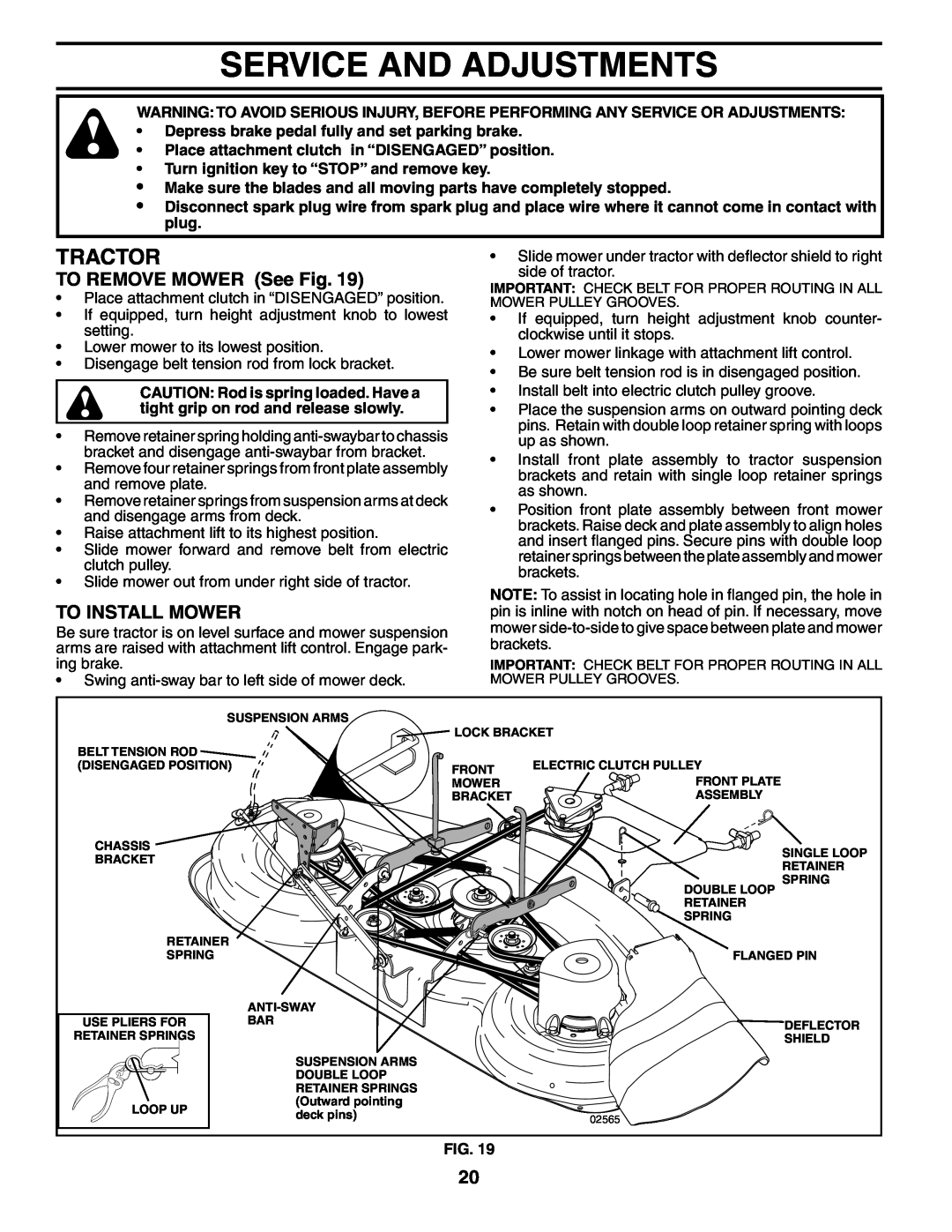 Poulan 954569516, 185498 owner manual Service And Adjustments, TO REMOVE MOWER See Fig, To Install Mower, Tractor 