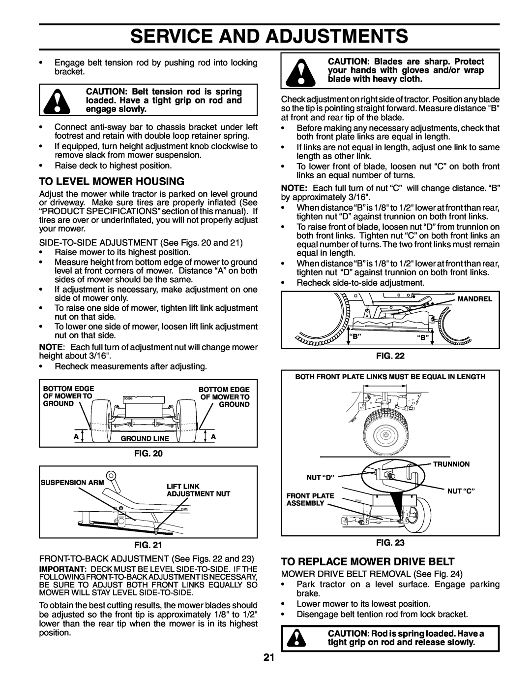 Poulan 185498, 954569516 owner manual To Level Mower Housing, To Replace Mower Drive Belt, Service And Adjustments 