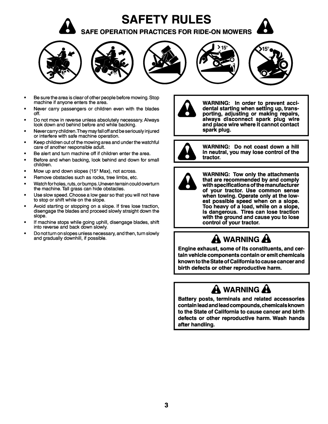 Poulan 185498, 954569516 owner manual Safety Rules, Safe Operation Practices For Ride-On Mowers 