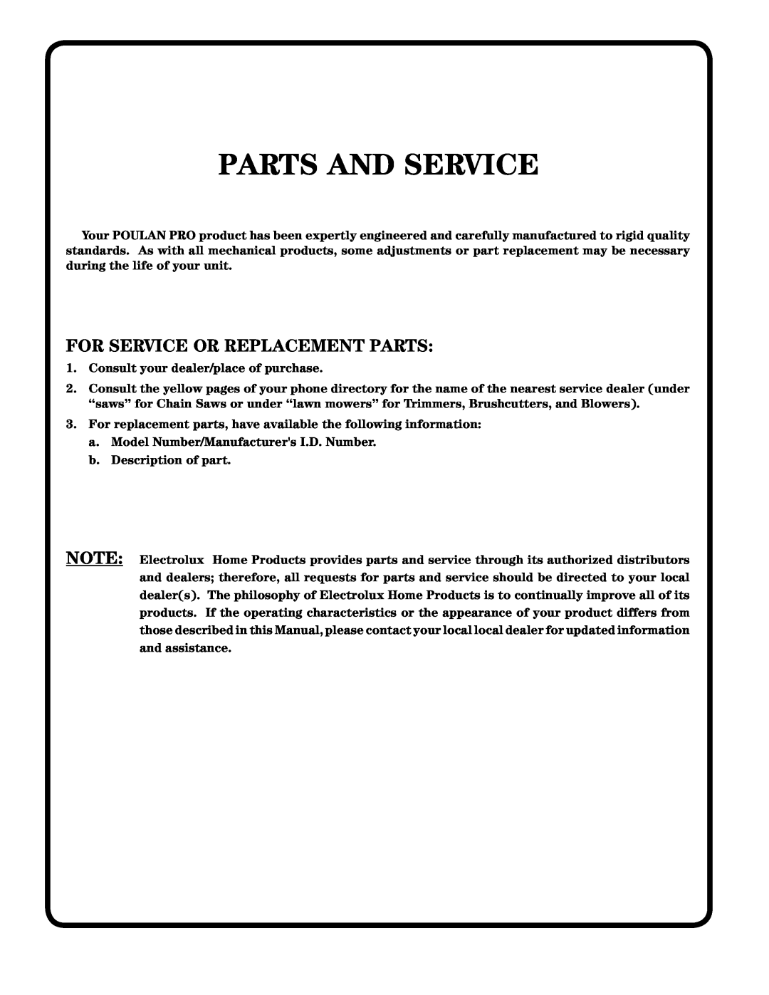 Poulan 954569516, 185498 owner manual Parts And Service, For Service Or Replacement Parts 
