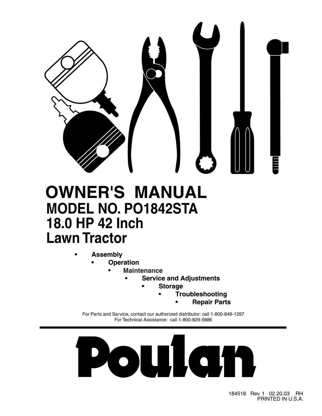 Poulan 184518, 954569554 manual Model NO. PO1842STA 