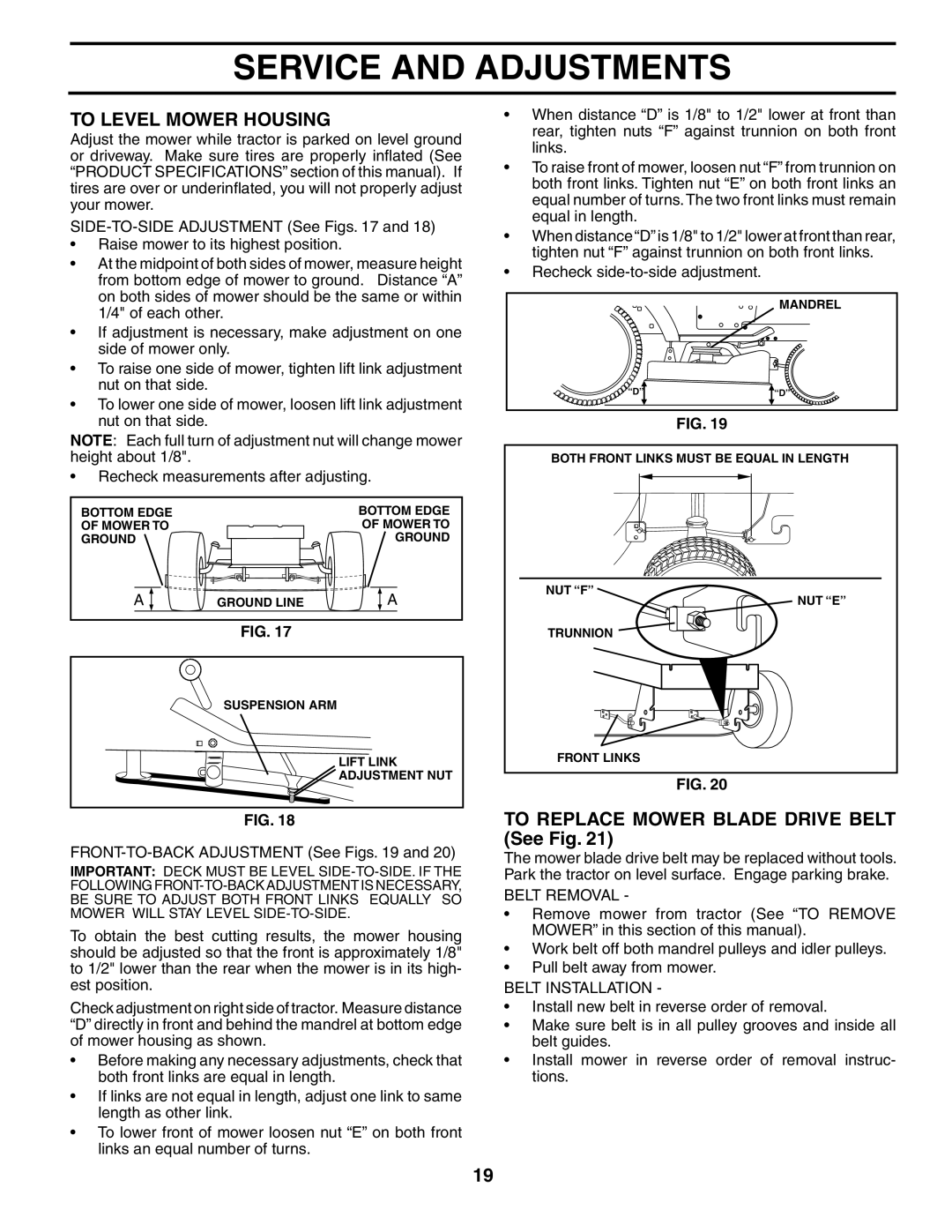 Poulan 184518 manual To Level Mower Housing, To Replace Mower Blade Drive Belt See Fig, Belt Removal, Belt Installation 