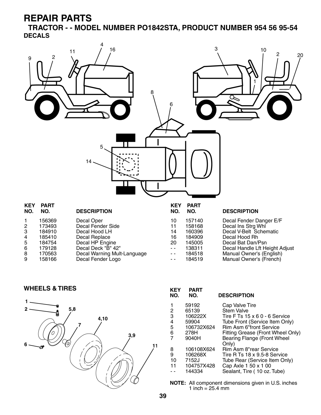 Poulan 184518, 954569554 manual Decals, Wheels & Tires 