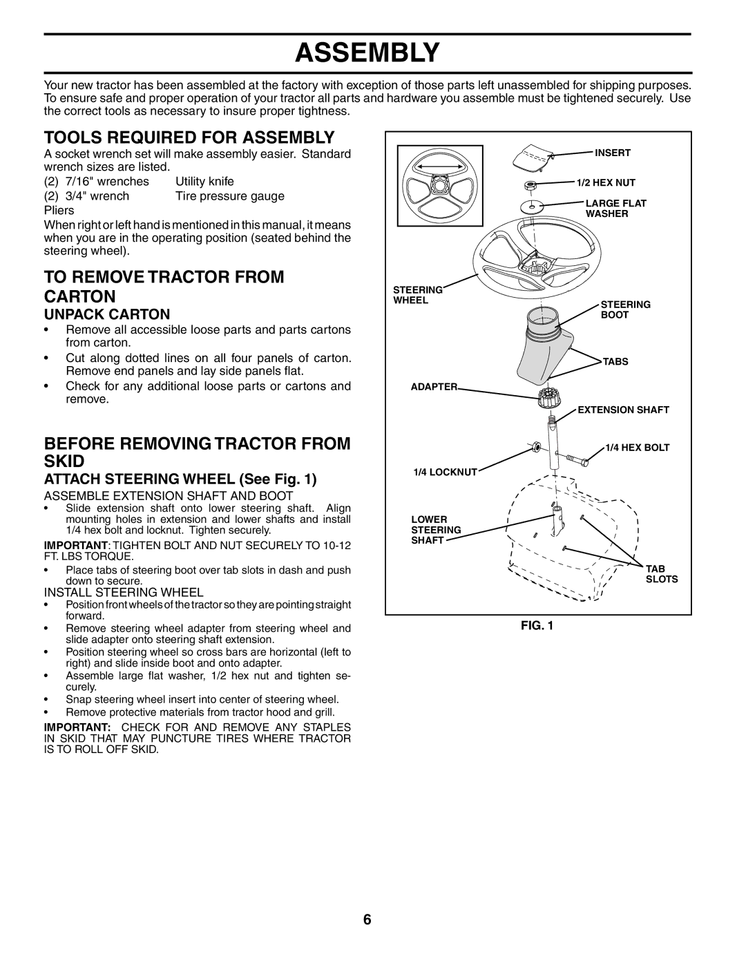 Poulan 954569554, 184518 Tools Required for Assembly, To Remove Tractor from Carton, Before Removing Tractor from Skid 