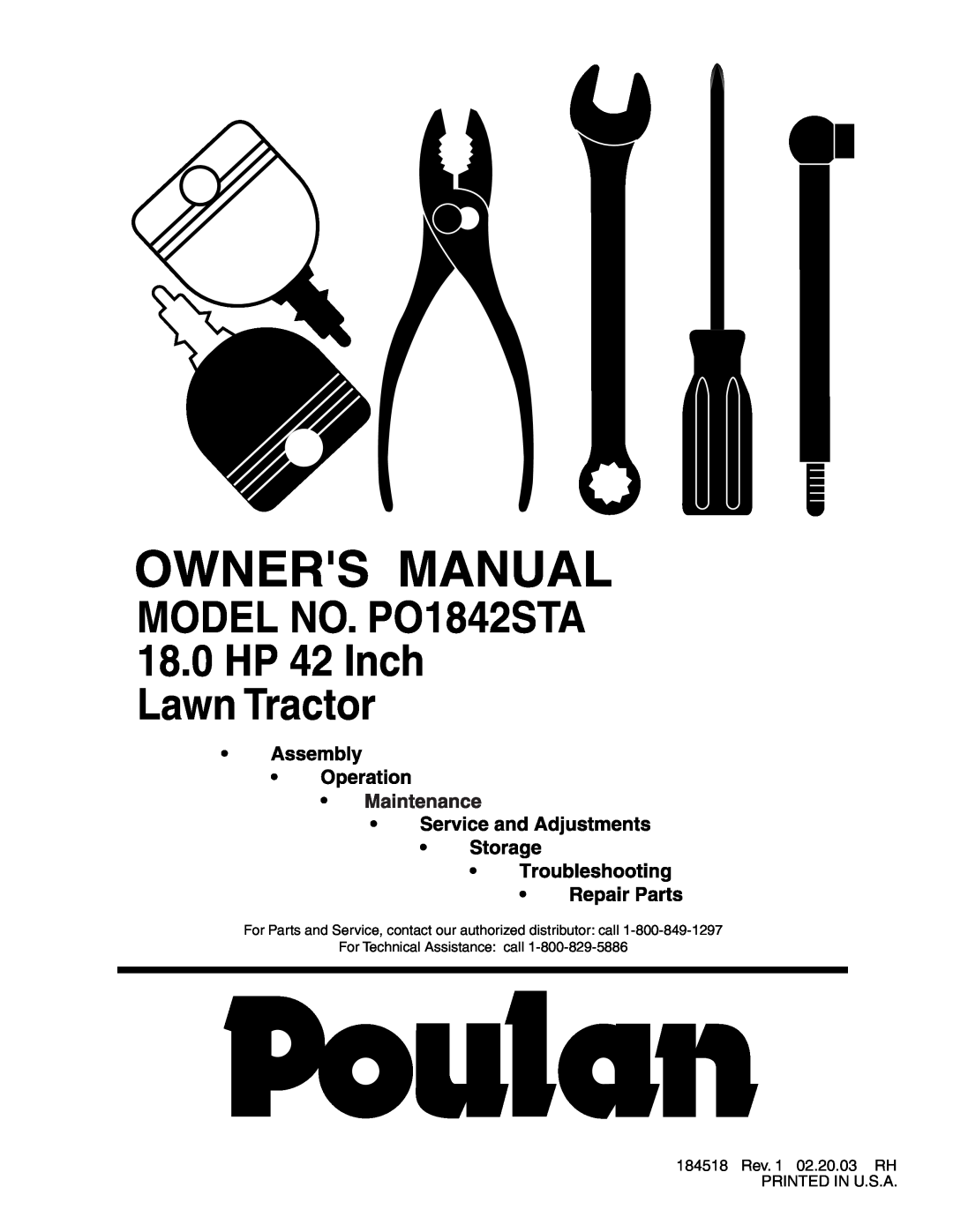 Poulan 954569554 manual MODEL NO. PO1842STA 18.0 HP 42 Inch Lawn Tractor, 184518 Rev. 1 02.20.03 RH PRINTED IN U.S.A 