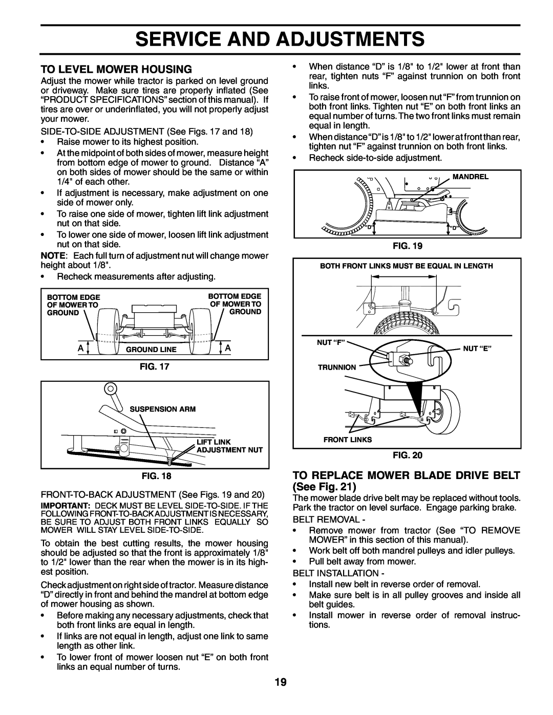 Poulan 184518, 954569554 manual To Level Mower Housing, TO REPLACE MOWER BLADE DRIVE BELT See Fig, Service And Adjustments 