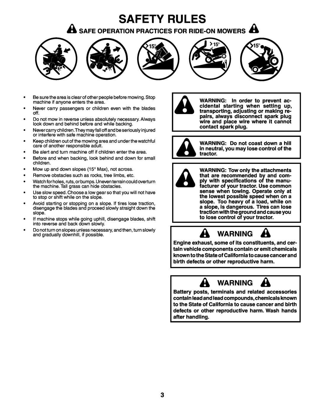 Poulan 184518, 954569554 manual Safety Rules, Safe Operation Practices For Ride-On Mowers 