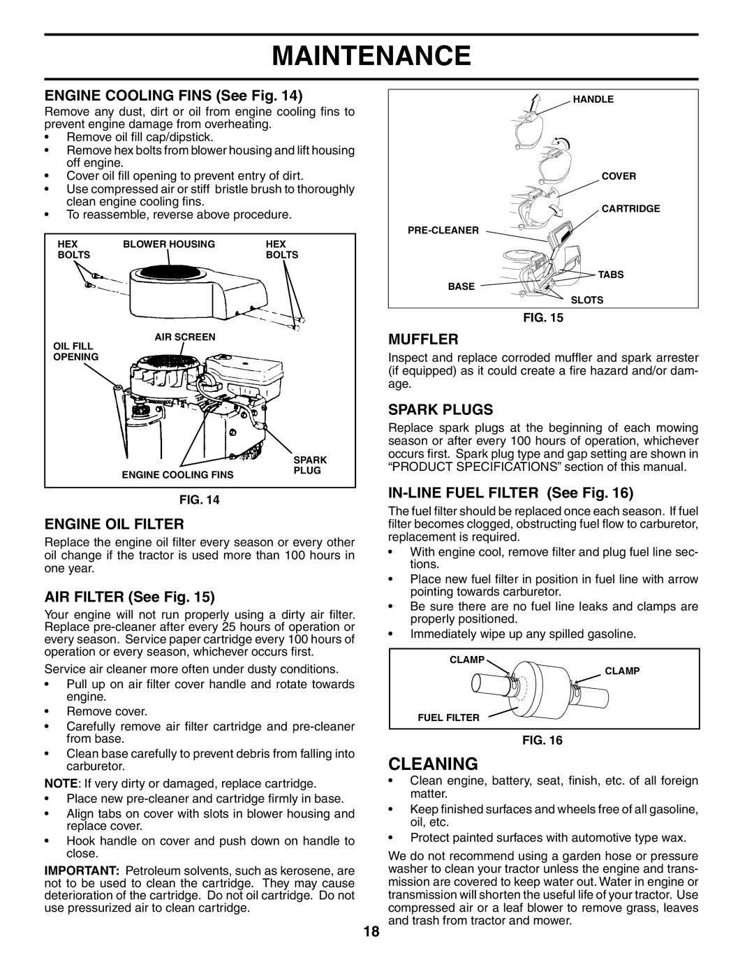 Poulan 954569561, 184523 manual Cleaning, Engine OIL Filter, Muffler, Spark Plugs 