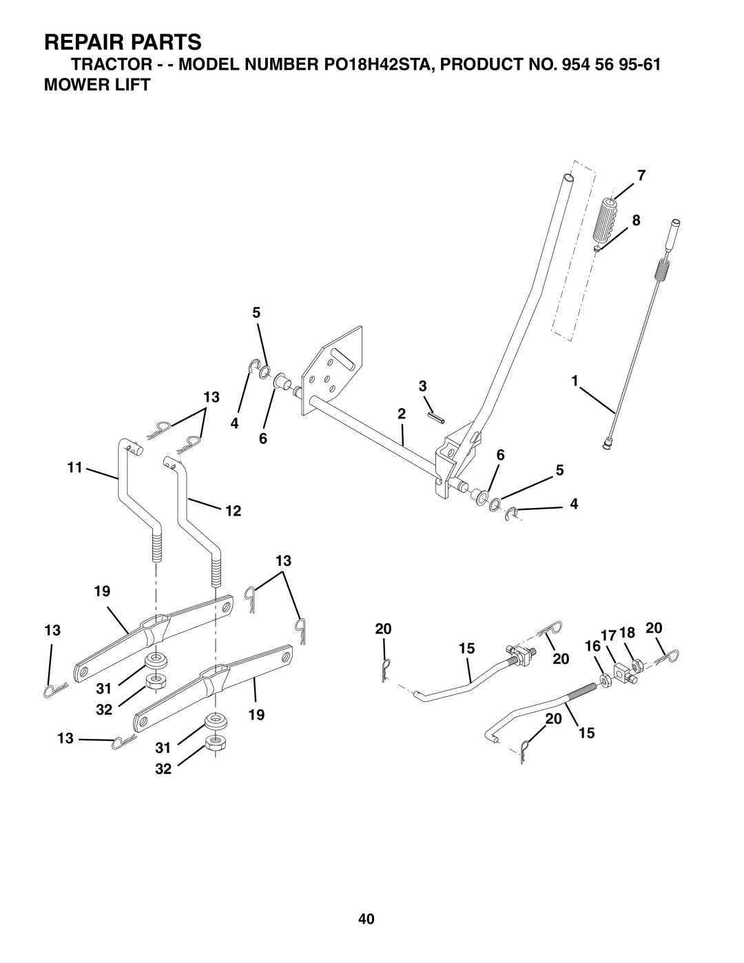 Poulan 954569561, 184523 manual Tractor - Model Number PO18H42STA, Product no 56 Mower Lift 