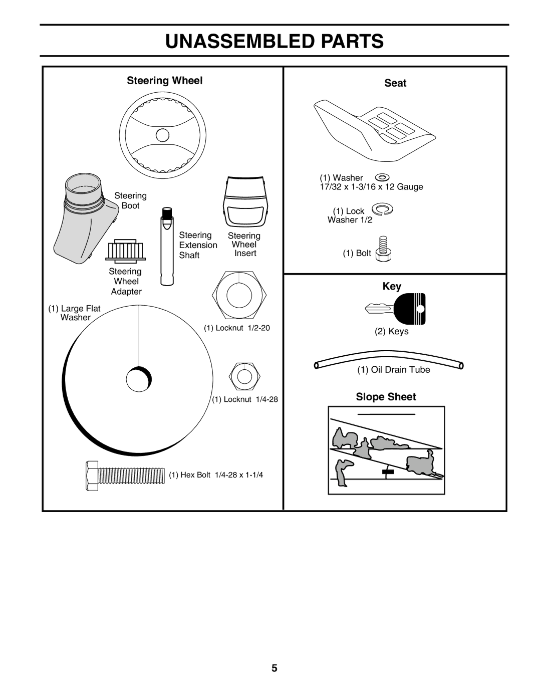 Poulan 184523, 954569561 manual Unassembled Parts, Steering Wheel Seat, Key, Slope Sheet 