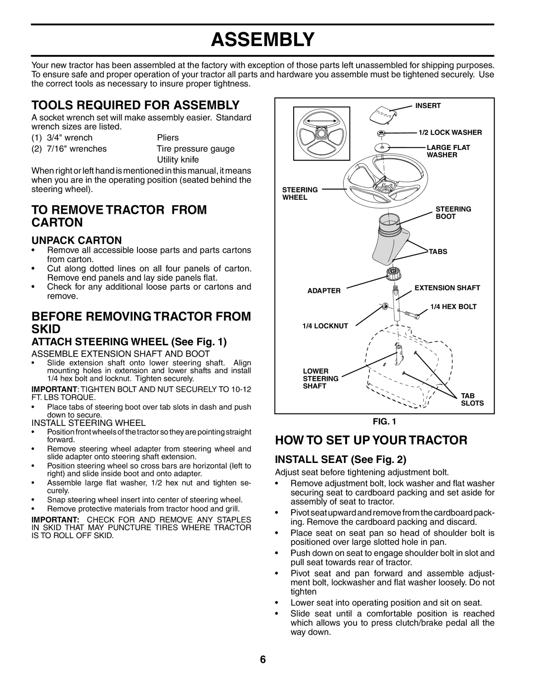 Poulan 954569561, 184523 Tools Required for Assembly, To Remove Tractor from Carton, Before Removing Tractor from Skid 