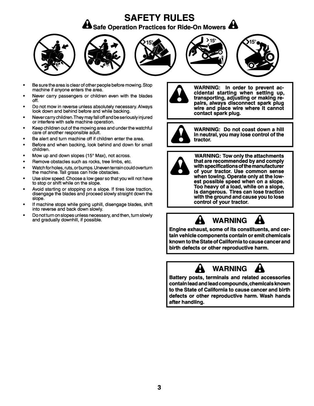 Poulan 184523, 954569561 manual Safety Rules, Safe Operation Practices for Ride-On Mowers 