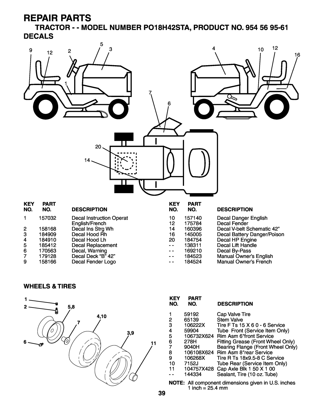 Poulan 184523, 954569561 manual TRACTOR - - MODEL NUMBER PO18H42STA, PRODUCT NO. 954 56 DECALS, Wheels & Tires, Repair Parts 