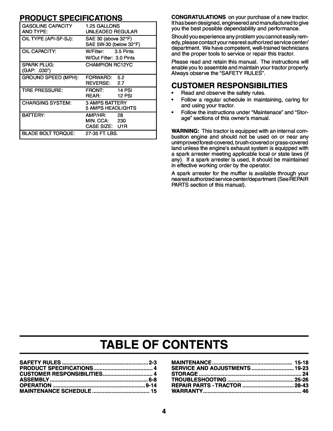 Poulan 954569561, 184523 manual Table Of Contents, Product Specifications, Customer Responsibilities 