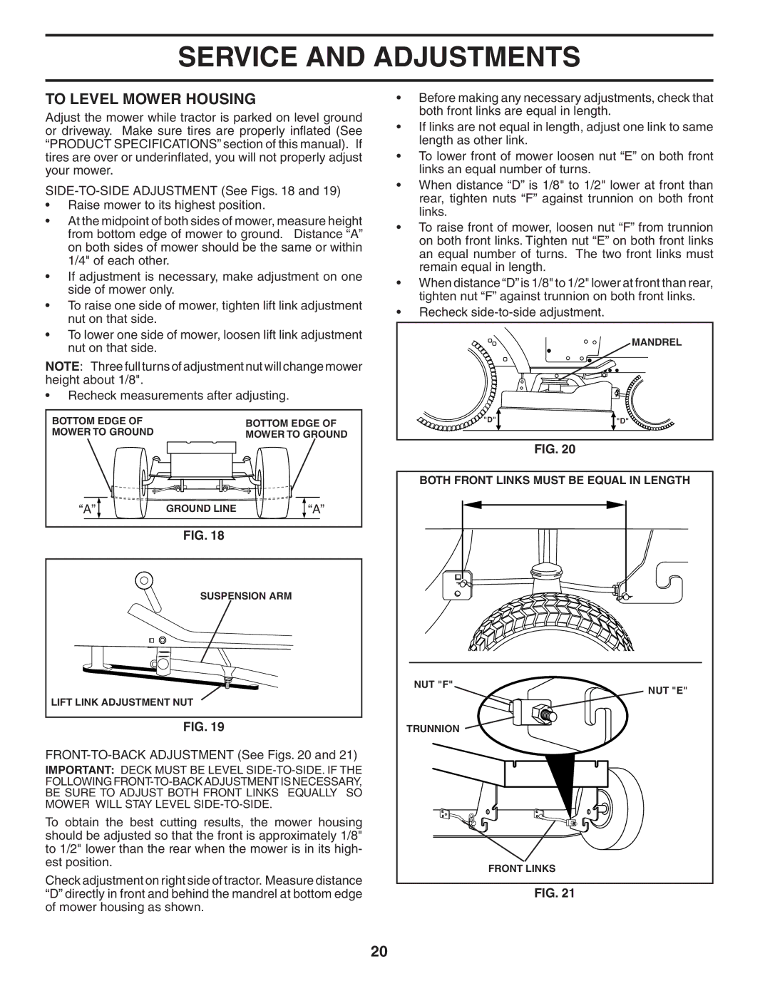 Poulan 954569707, 185491 owner manual To Level Mower Housing, FRONT-TO-BACK Adjustment See Figs 