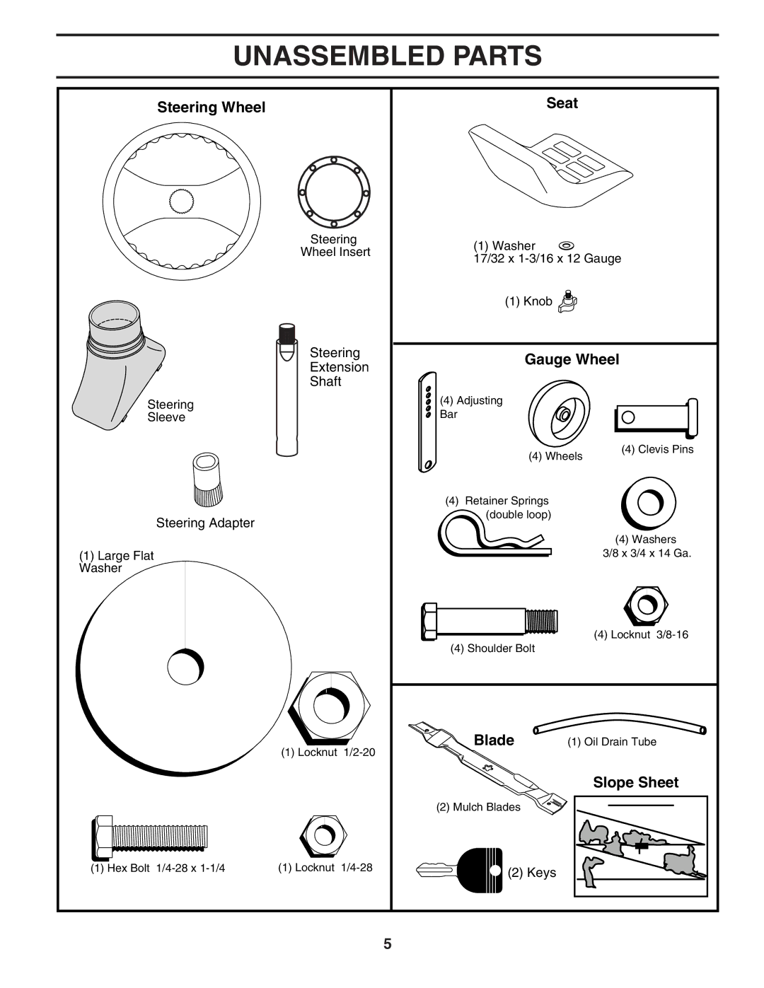 Poulan 185491, 954569707 owner manual Unassembled Parts, Steering Wheel Seat, Gauge Wheel, Blade, Slope Sheet 