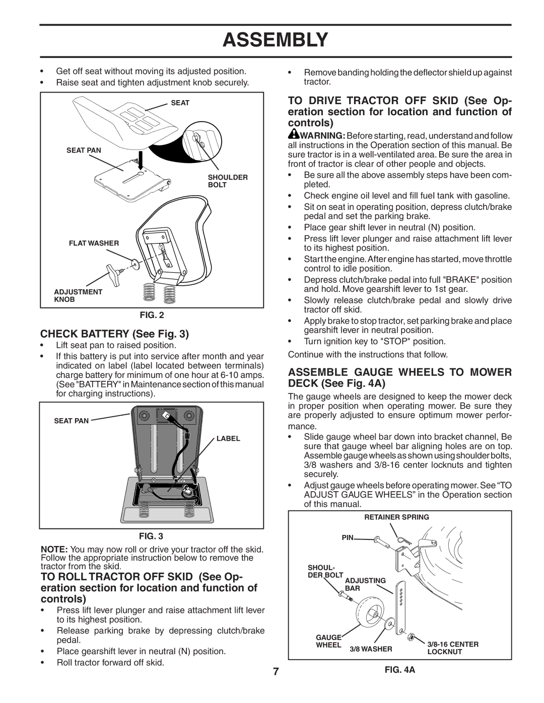 Poulan 185491, 954569707 owner manual Check Battery See Fig, Assemble Gauge Wheels to Mower Deck See a 