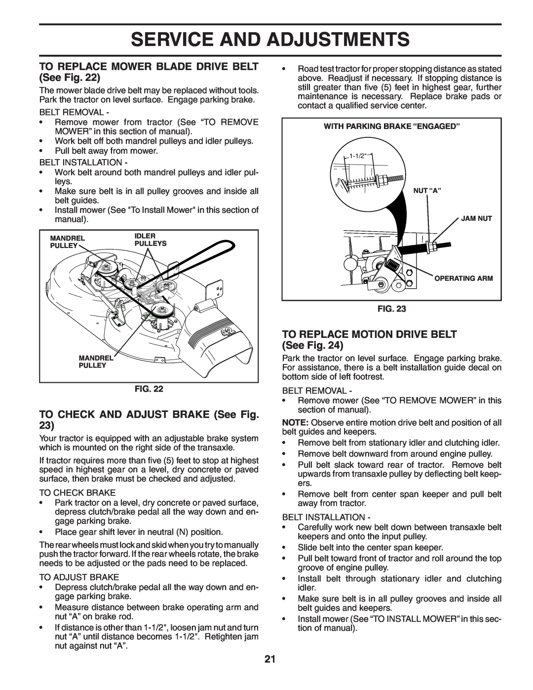 Poulan 185491 TO REPLACE MOWER BLADE DRIVE BELT See Fig, TO CHECK AND ADJUST BRAKE See Fig, Service And Adjustments 