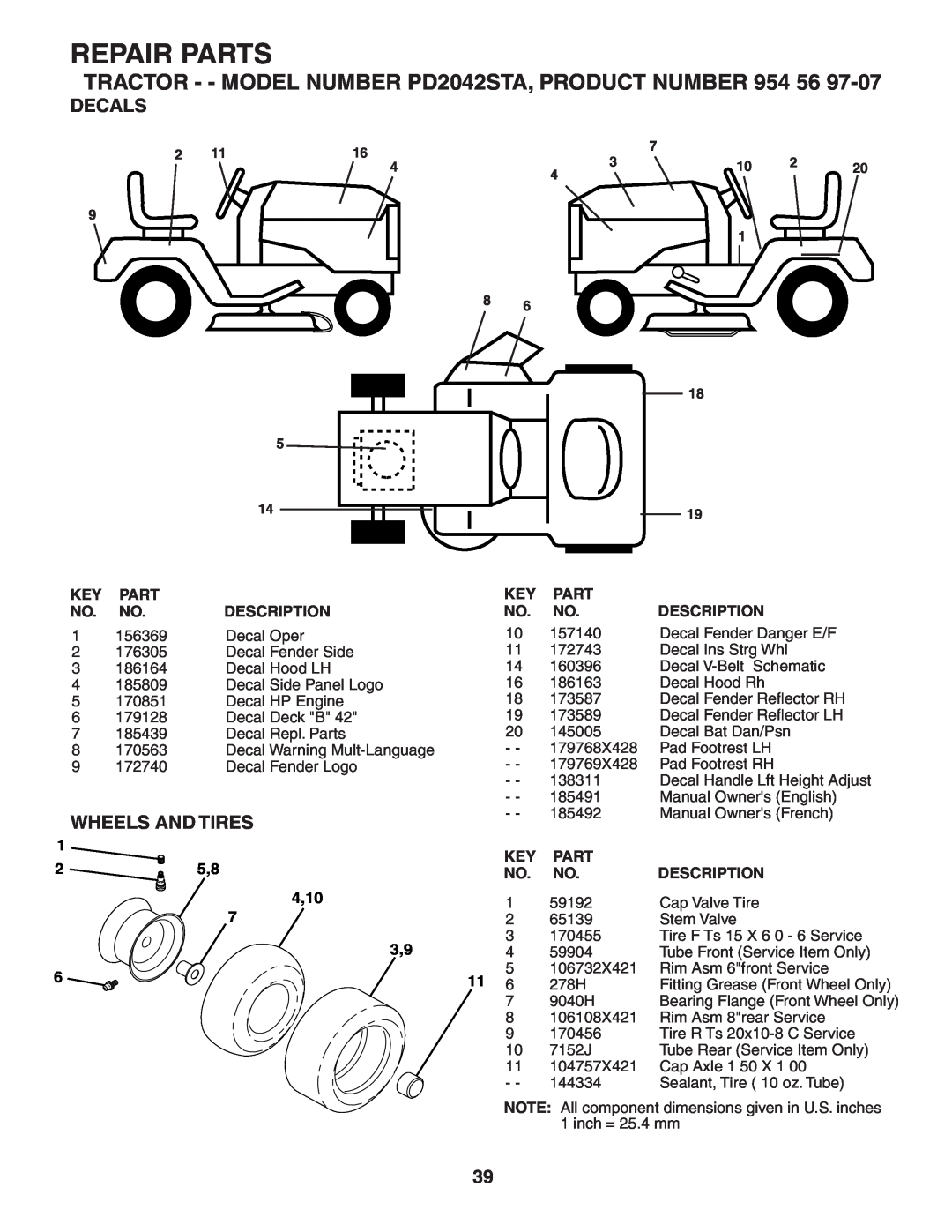 Poulan 185491, 954569707 Decals, Wheels And Tires, Repair Parts, TRACTOR - - MODEL NUMBER PD2042STA, PRODUCT NUMBER 