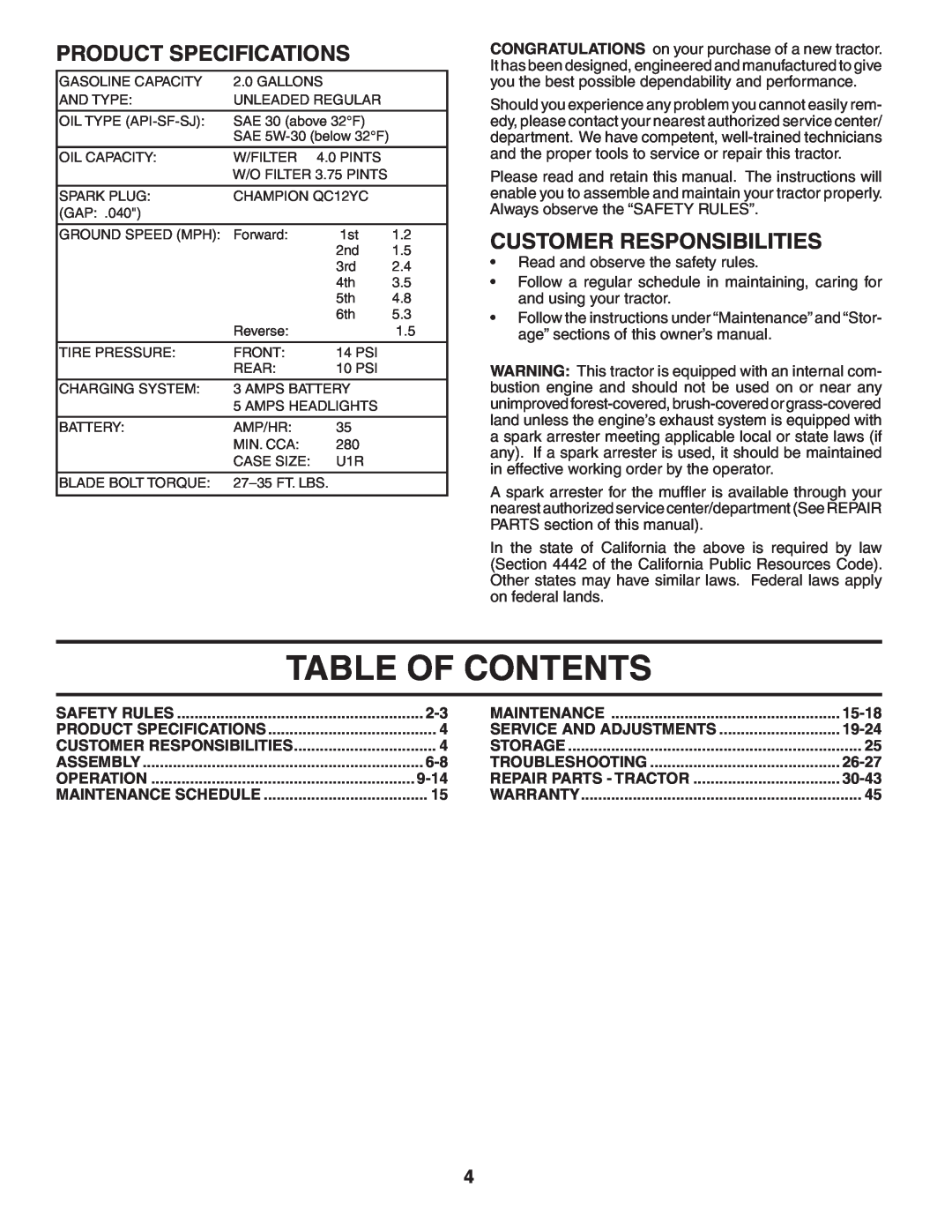 Poulan 954569707, 185491 owner manual Table Of Contents, Product Specifications, Customer Responsibilities 