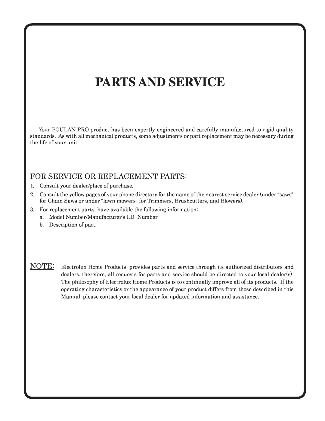 Poulan 954569707, 185491 owner manual Parts And Service, For Service Or Replacement Parts 