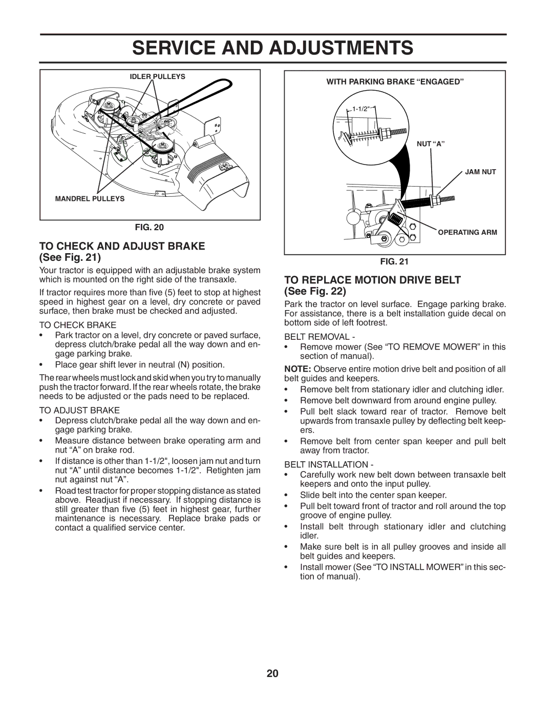 Poulan 954570772 To Check and Adjust Brake See Fig, To Replace Motion Drive Belt See Fig, To Check Brake, To Adjust Brake 
