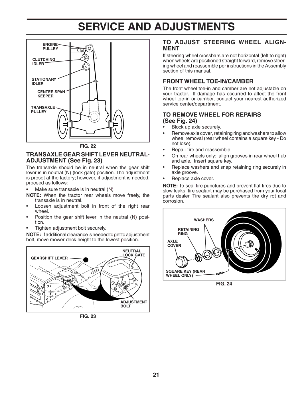 Poulan 186890, 954570772 manual Transaxle Gear Shift Lever NEUTRAL- Adjustment See Fig, To Adjust Steering Wheel ALIGN- Ment 