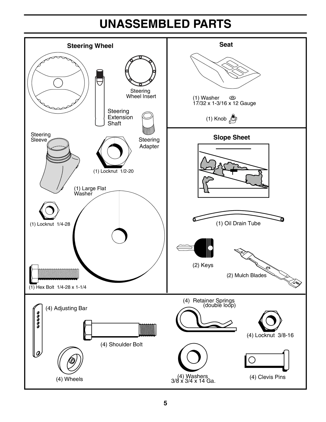 Poulan 186996, 954570925 owner manual Unassembled Parts, Steering Wheel Seat, Slope Sheet 