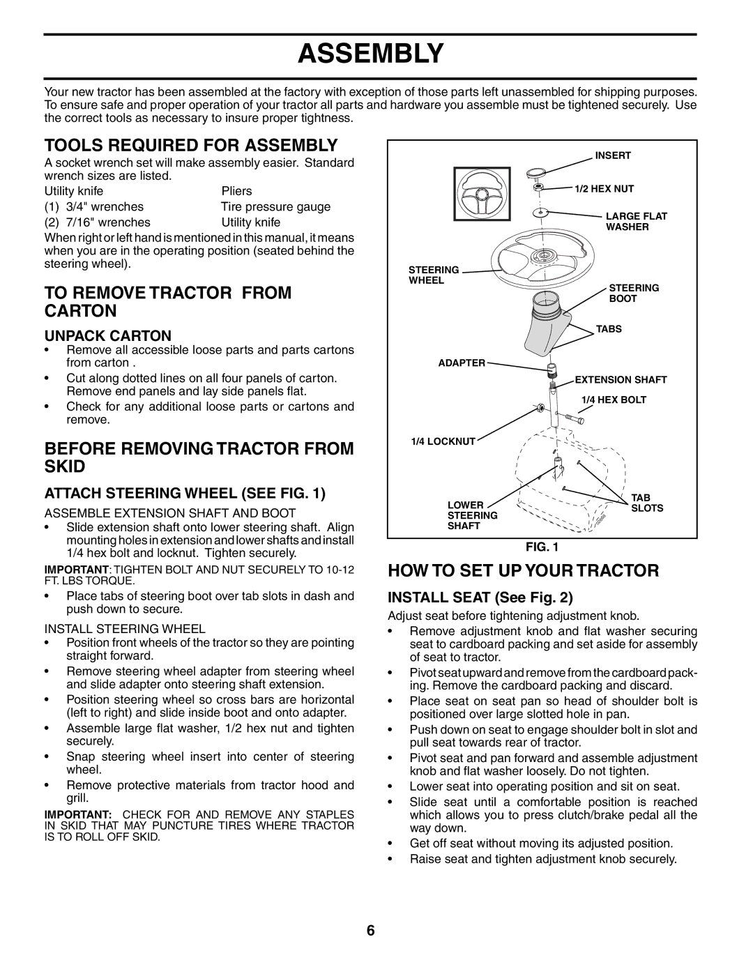 Poulan 954570925, 186996 Tools Required for Assembly, To Remove Tractor from Carton, Before Removing Tractor from Skid 