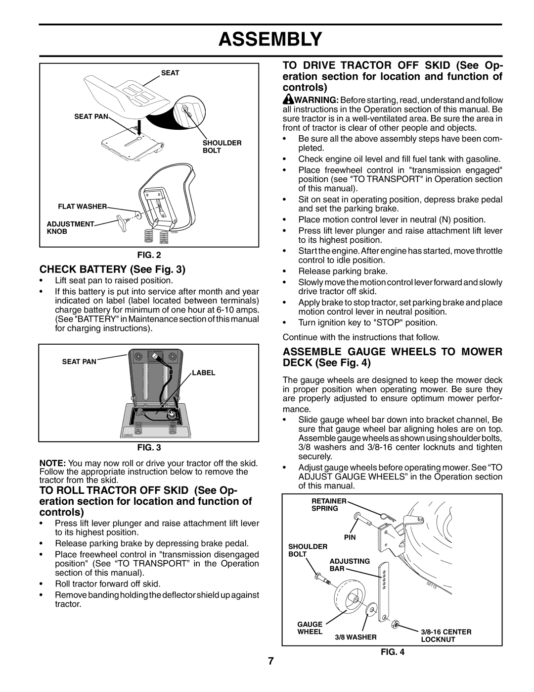 Poulan 186996, 954570925 owner manual Check Battery See Fig, Assemble Gauge Wheels to Mower Deck See Fig 