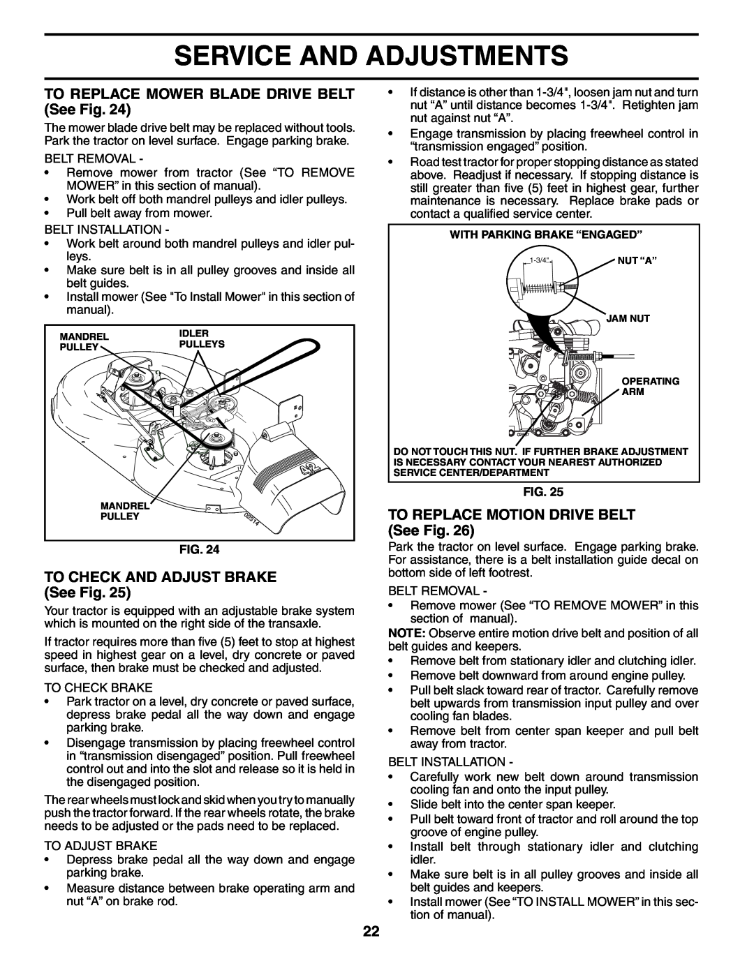 Poulan 954570925 TO REPLACE MOWER BLADE DRIVE BELT See Fig, TO CHECK AND ADJUST BRAKE See Fig, Service And Adjustments 