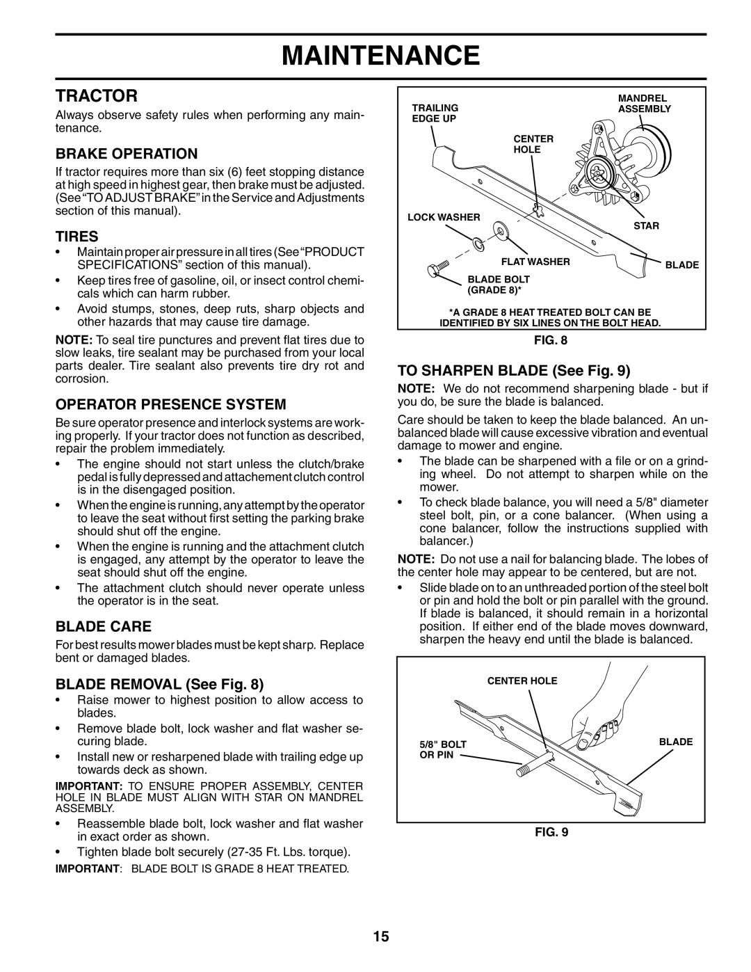 Poulan 186888, 954570932 manual Tractor, Brake Operation, Tires, Operator Presence System, Blade Care 