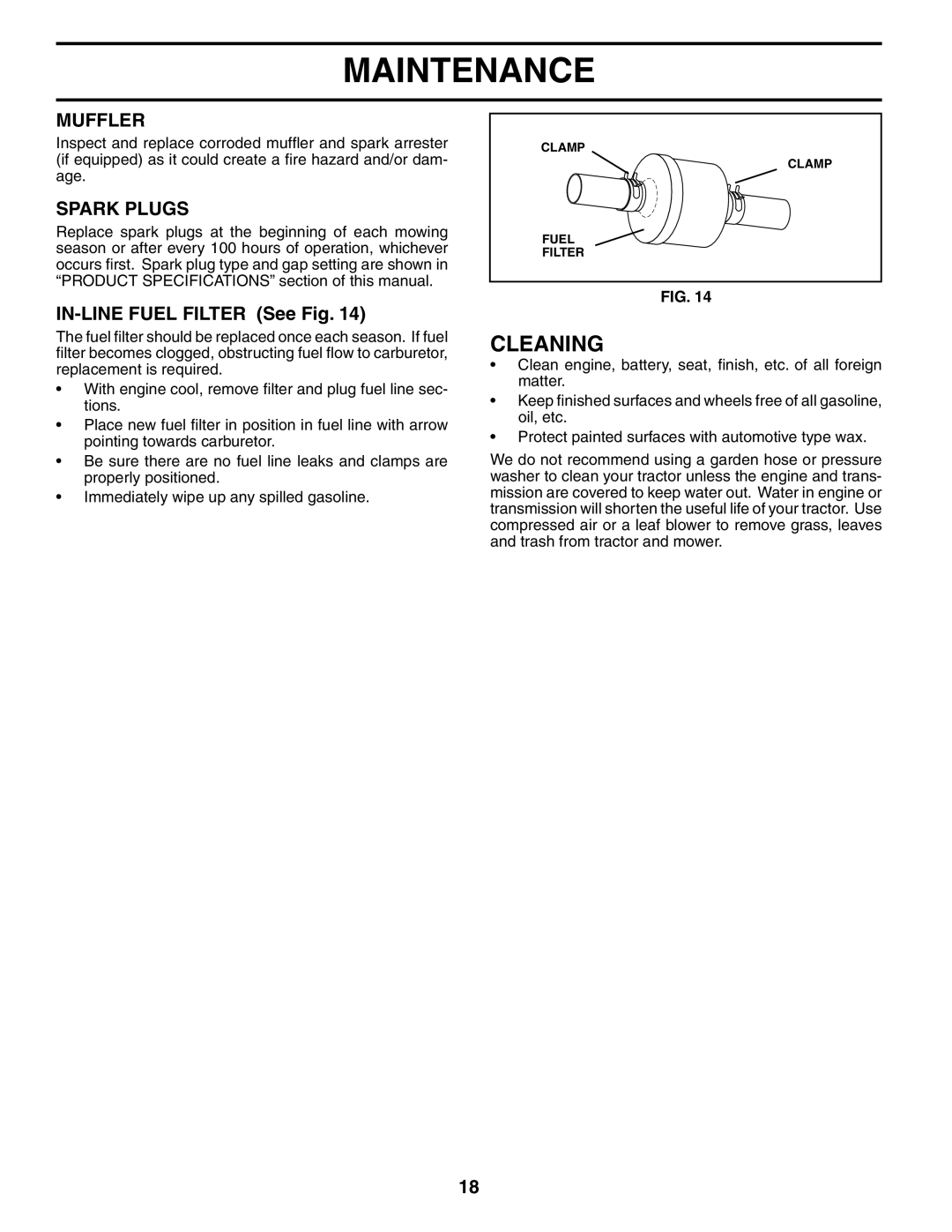 Poulan 954570932, 186888 manual Cleaning, Muffler, Spark Plugs, IN-LINE Fuel Filter See Fig 