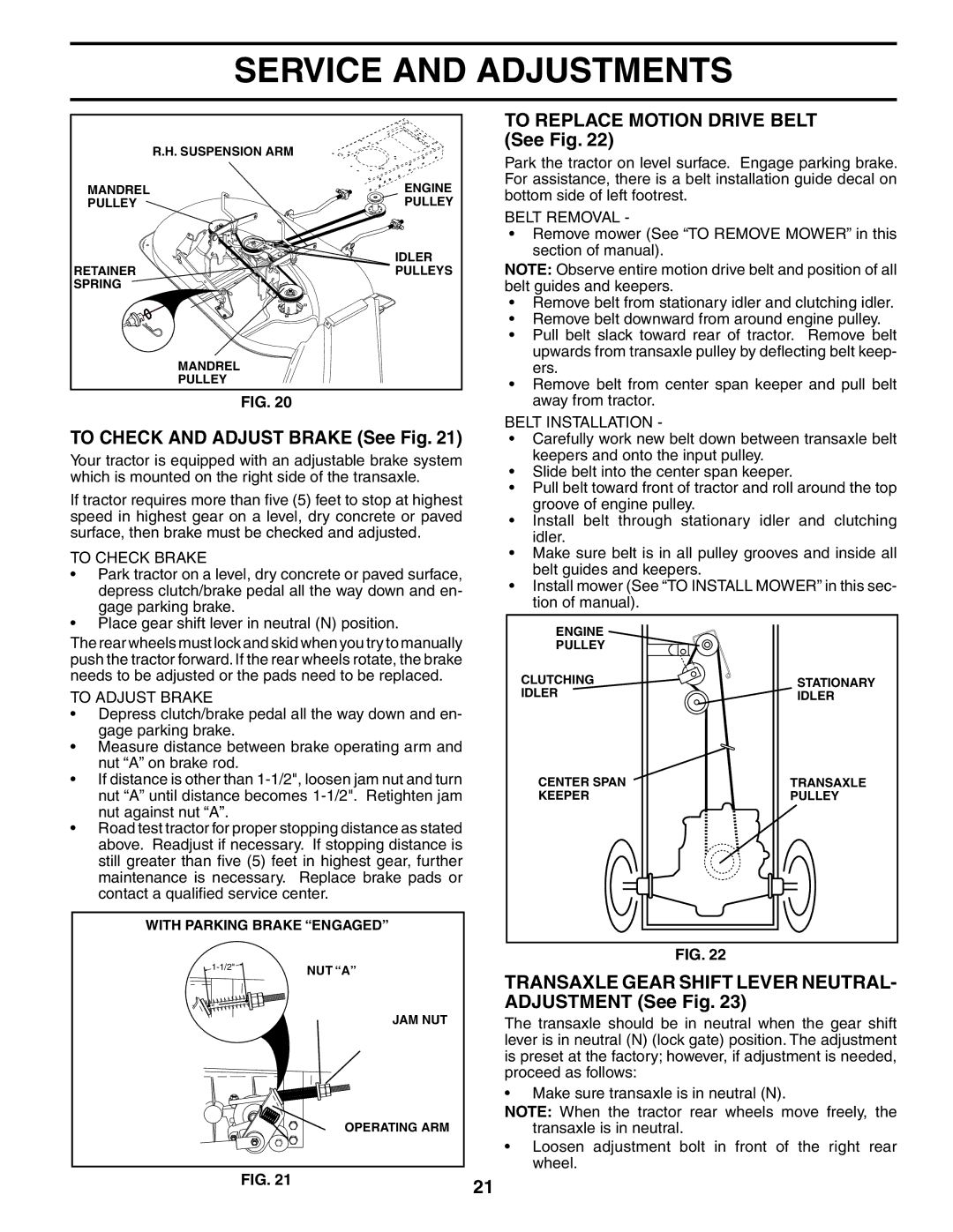 Poulan 186888 To Check and Adjust Brake See Fig, To Replace Motion Drive Belt See Fig, To Check Brake, To Adjust Brake 