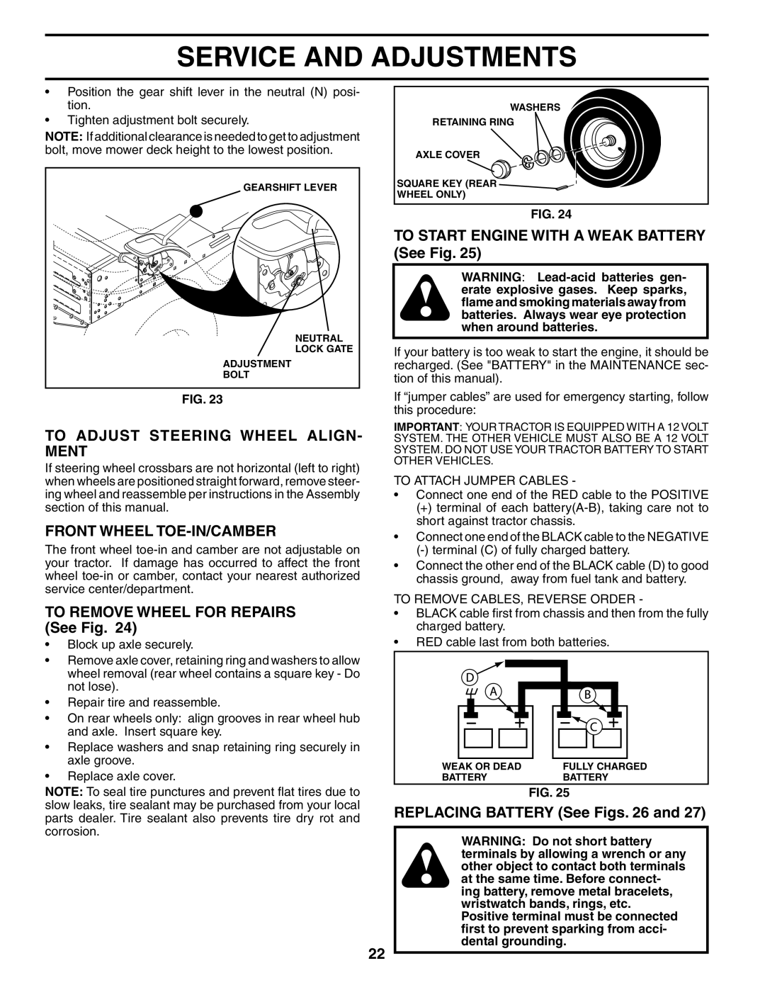 Poulan 954570932, 186888 manual To Start Engine with a Weak Battery See Fig, To Adjust Steering Wheel ALIGN- Ment 