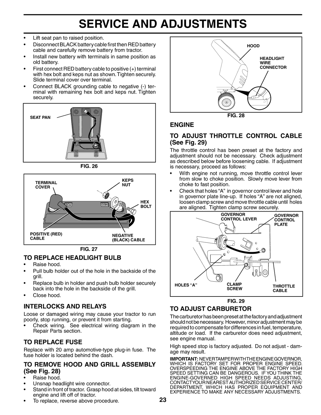 Poulan 186888, 954570932 To Replace Headlight Bulb, Interlocks and Relays, To Replace Fuse, Engine, To Adjust Carburetor 