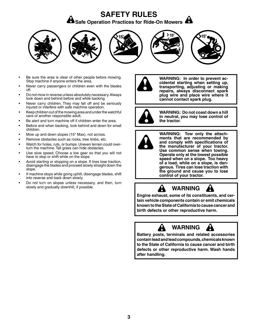 Poulan 186888, 954570932 manual Safety Rules, Safe Operation Practices for Ride-On Mowers 