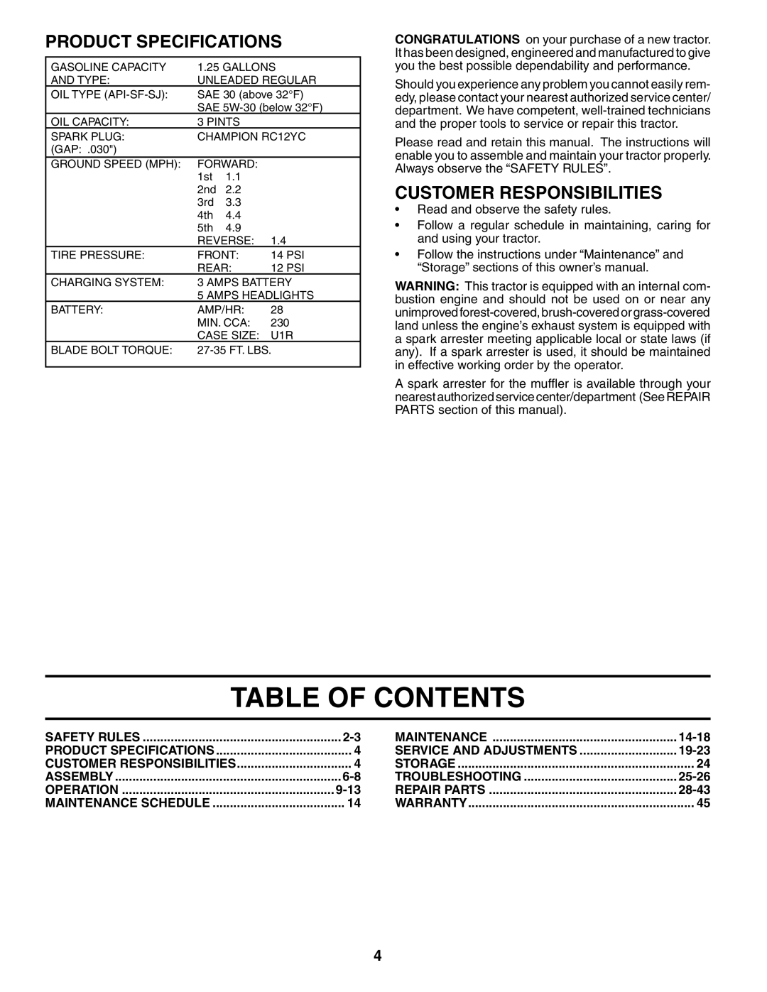 Poulan 954570932, 186888 manual Table of Contents 