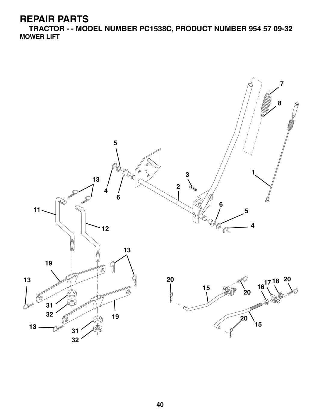 Poulan 954570932, 186888 manual Mower Lift 