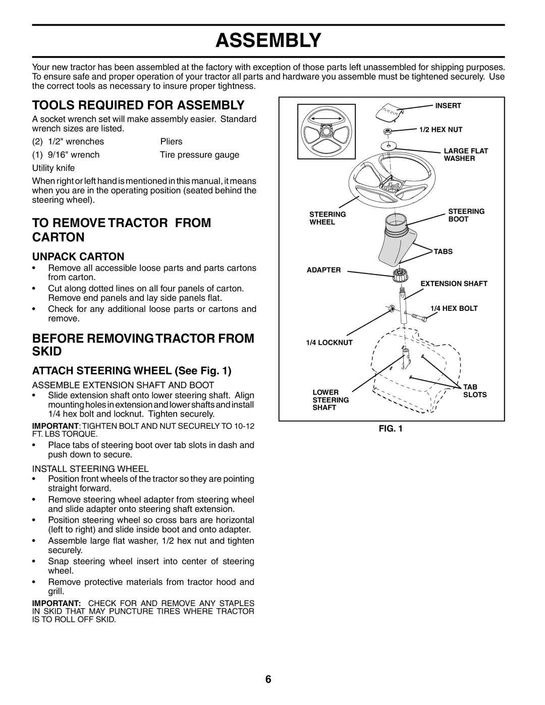 Poulan 954570932, 186888 Tools Required for Assembly, To Remove Tractor from Carton, Before Removing Tractor from Skid 