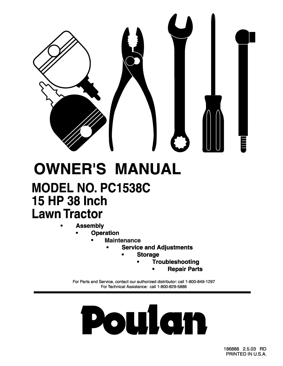 Poulan 186888, 954570932 manual MODEL NO. PC1538C 15 HP 38 Inch Lawn Tractor 