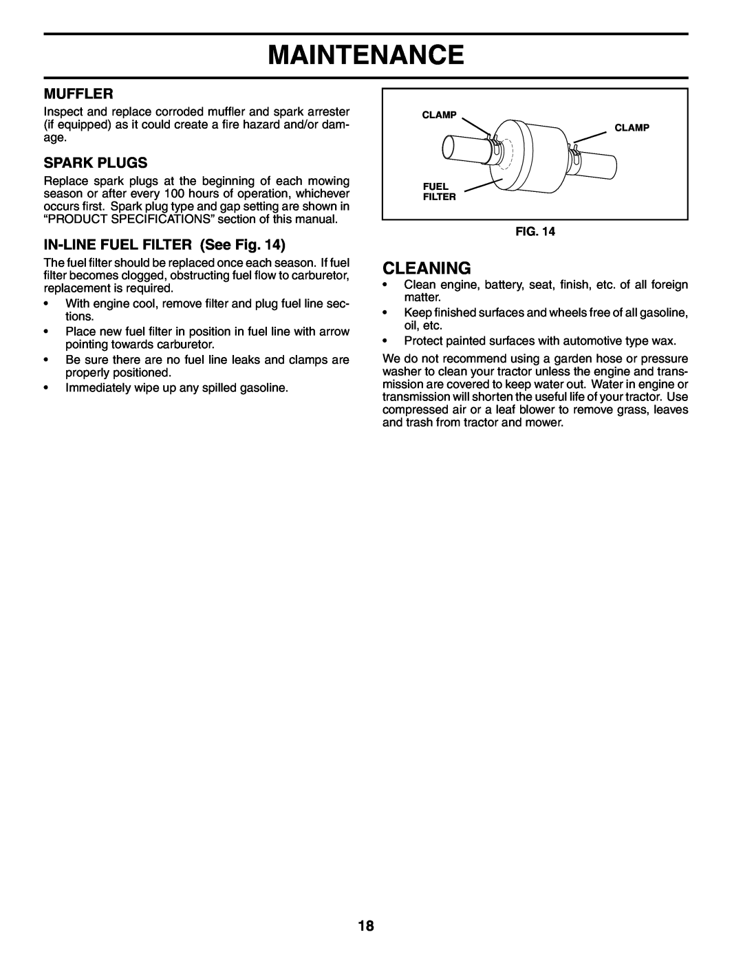Poulan 954570932, 186888 manual Cleaning, Muffler, Spark Plugs, IN-LINE FUEL FILTER See Fig, Maintenance 