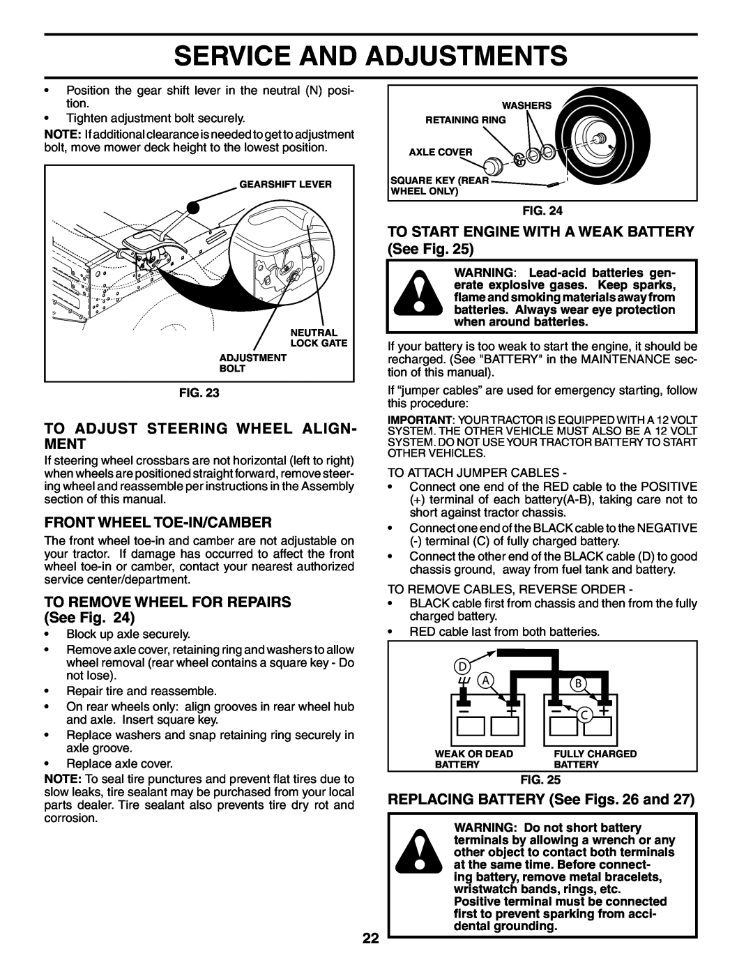 Poulan 954570932, 186888 manual TO START ENGINE WITH A WEAK BATTERY See Fig, To Adjust Steering Wheel Align- Ment 
