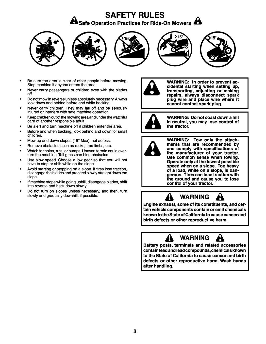 Poulan 186888, 954570932 manual Safety Rules, Safe Operation Practices for Ride-On Mowers 