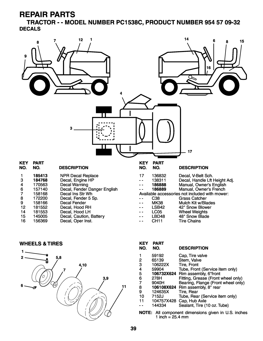 Poulan 186888, 954570932 manual Decals, Wheels & Tires, Repair Parts, TRACTOR - - MODEL NUMBER PC1538C, PRODUCT NUMBER, 4,10 