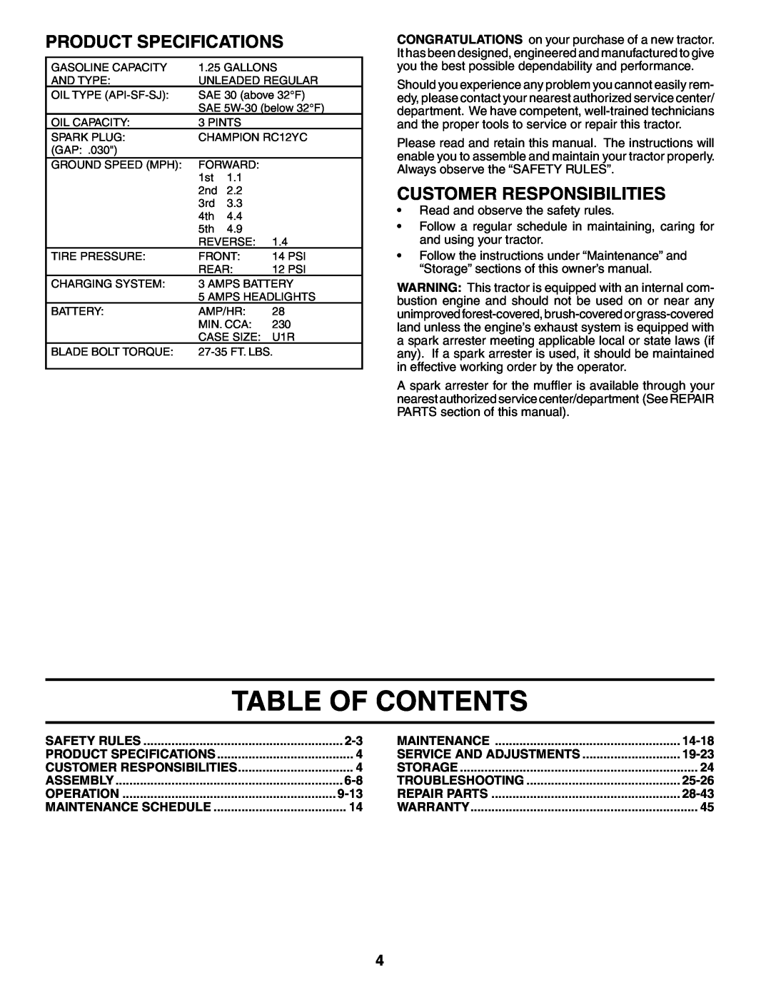 Poulan 954570932, 186888 manual Table Of Contents, Product Specifications, Customer Responsibilities 