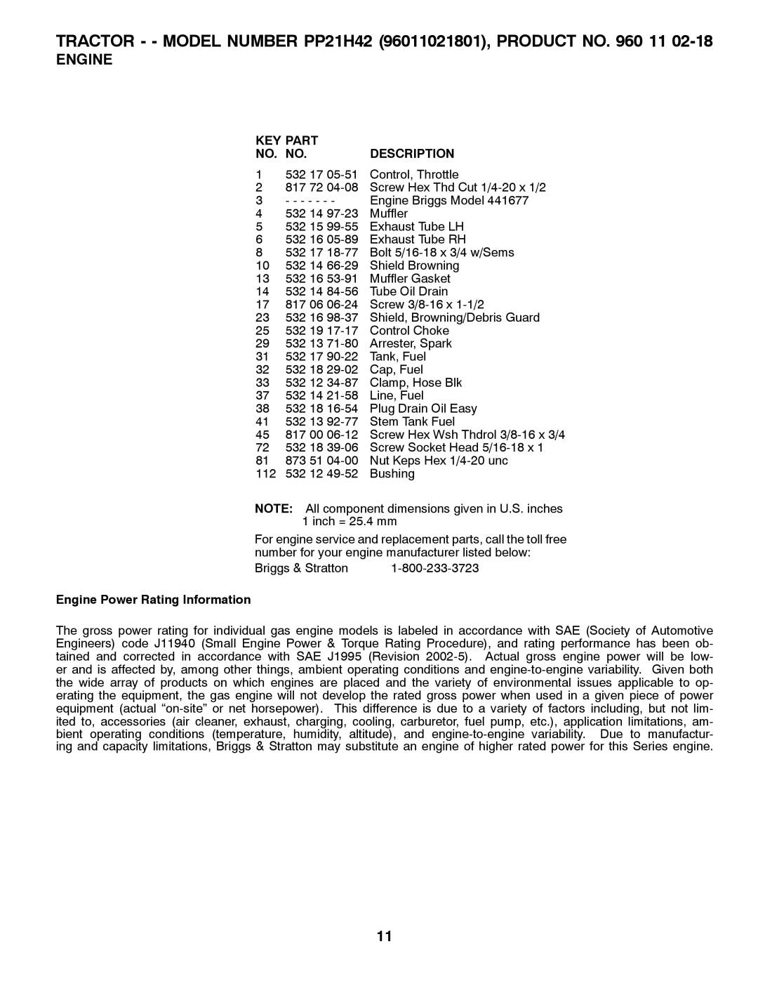 Poulan 96011021801, 960 11 02-18 manual Engine Power Rating Information 