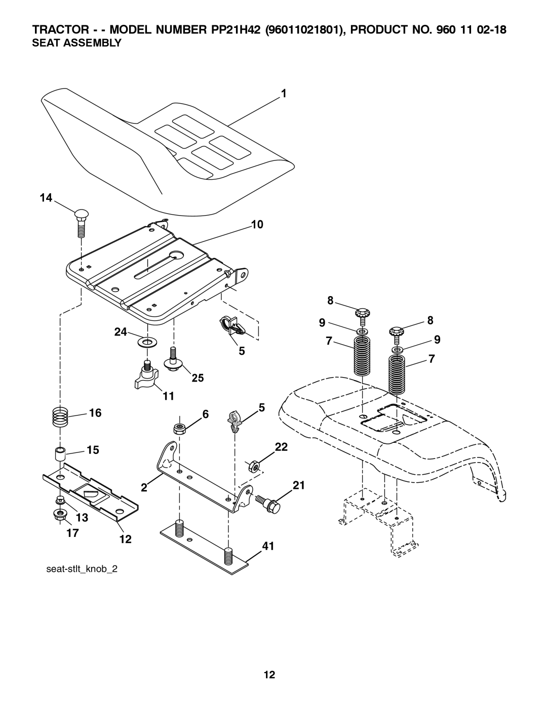 Poulan 960 11 02-18, 96011021801 manual Seat Assembly 