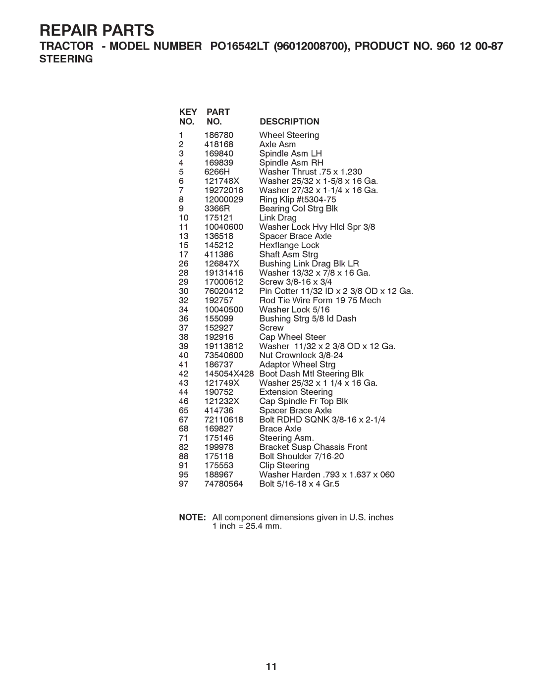 Poulan 96012008700, 960 12 00-87 manual KEY Part Description 