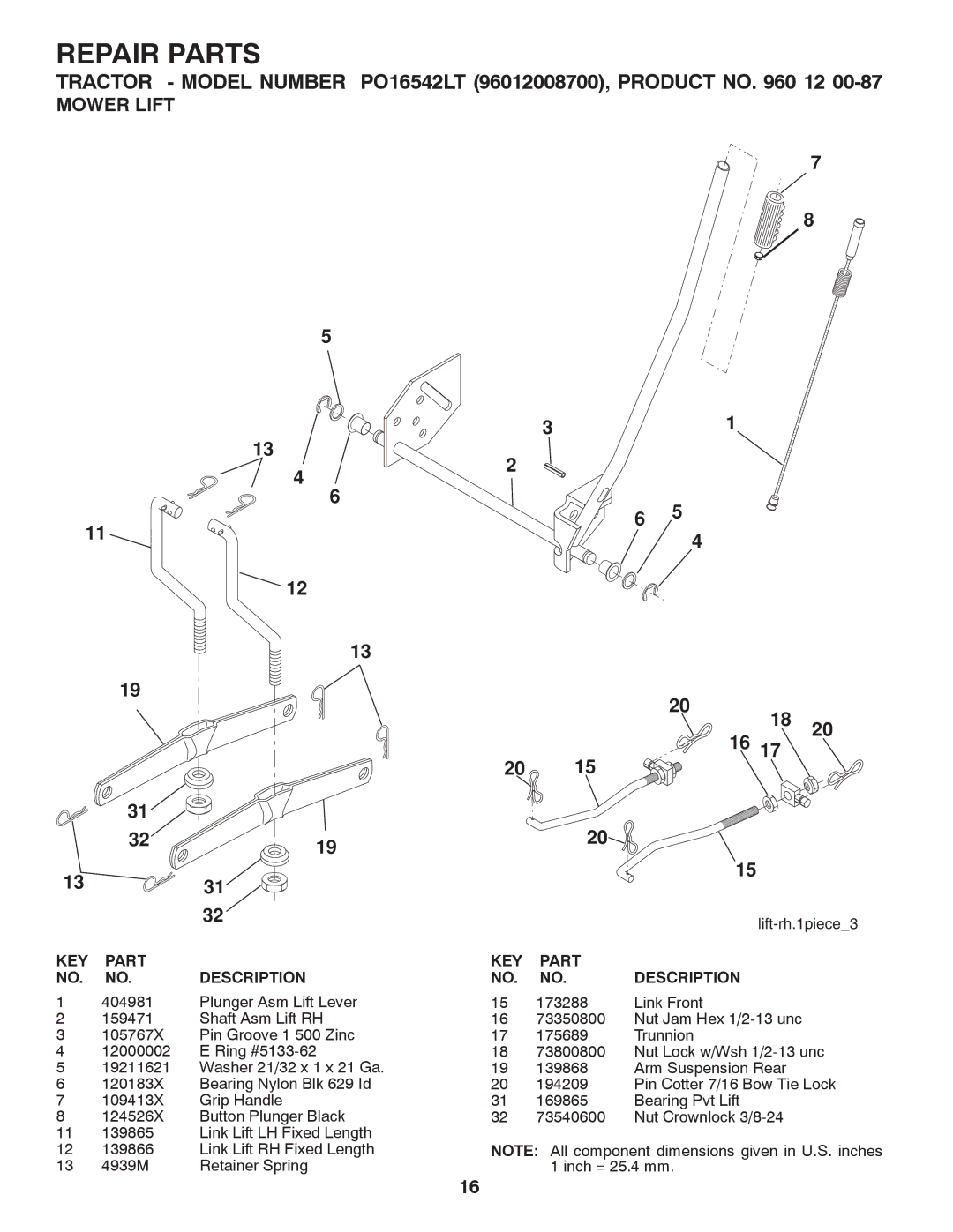 Poulan 960 12 00-87, 96012008700 manual Mower Lift 